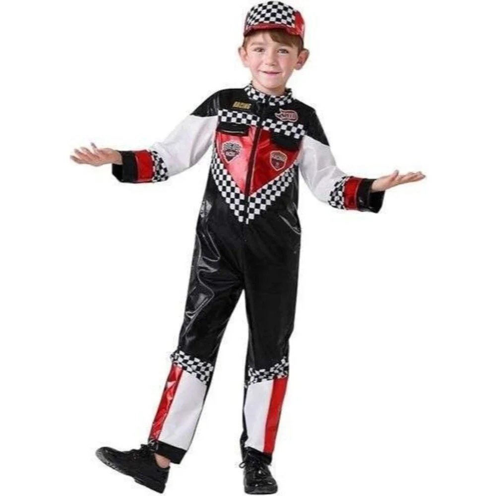 Race Car Driver Costume – Boys Size 140/L (US Age 9–10), Jumpsuit + Cap -Driver